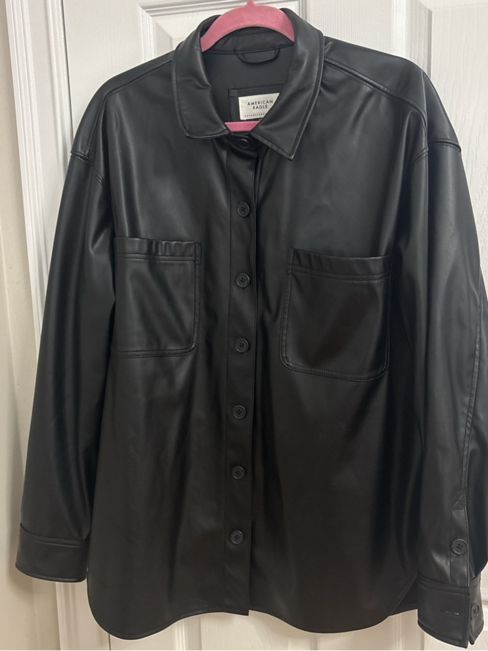 American Eagle Outfitters Black Faux Leather Button-Front Jacket